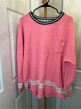 PINK Victoria's Secret Coral Pink Striped Hem Crewneck Sweatshirt